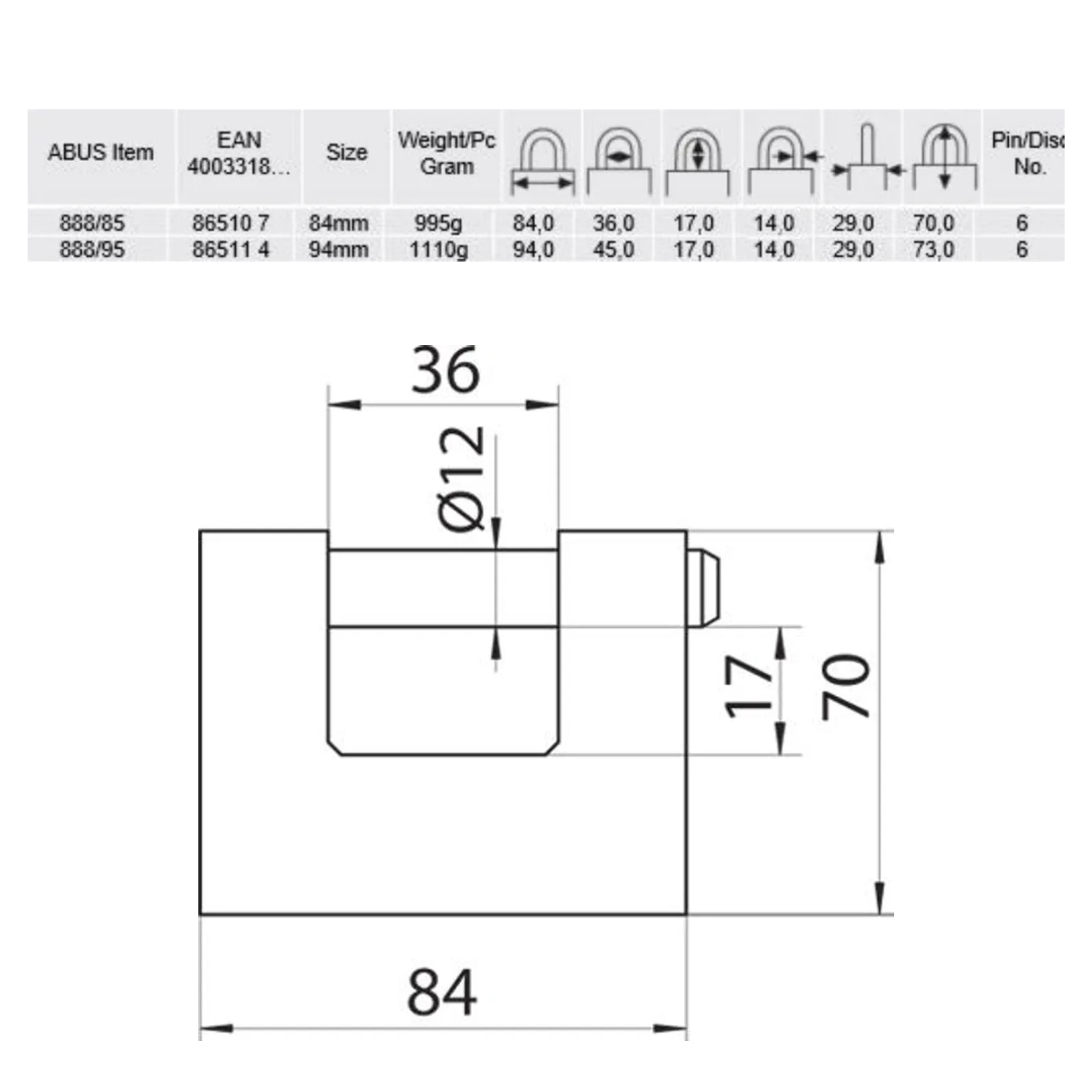 Abus Stahlstift-Vorhangschloss 888/85 mit 5 Schlüssel, NEU in OVP